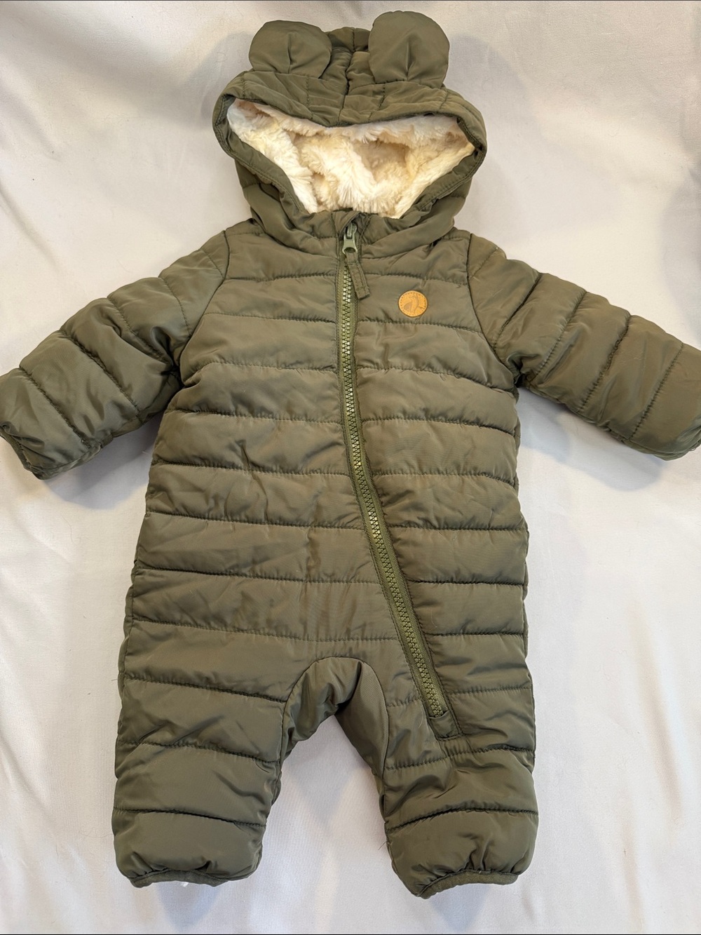Unisex Olive Green Puffer Baby One-Piece Snowsuit with Hood